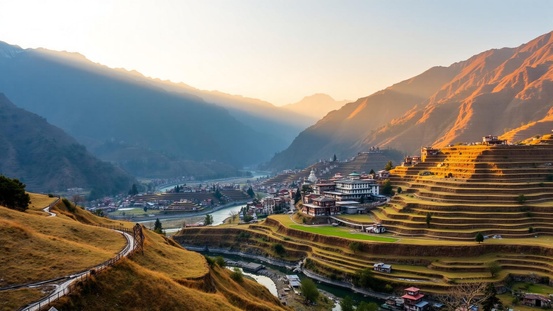 Himalayan valley village in Nepal at dawn